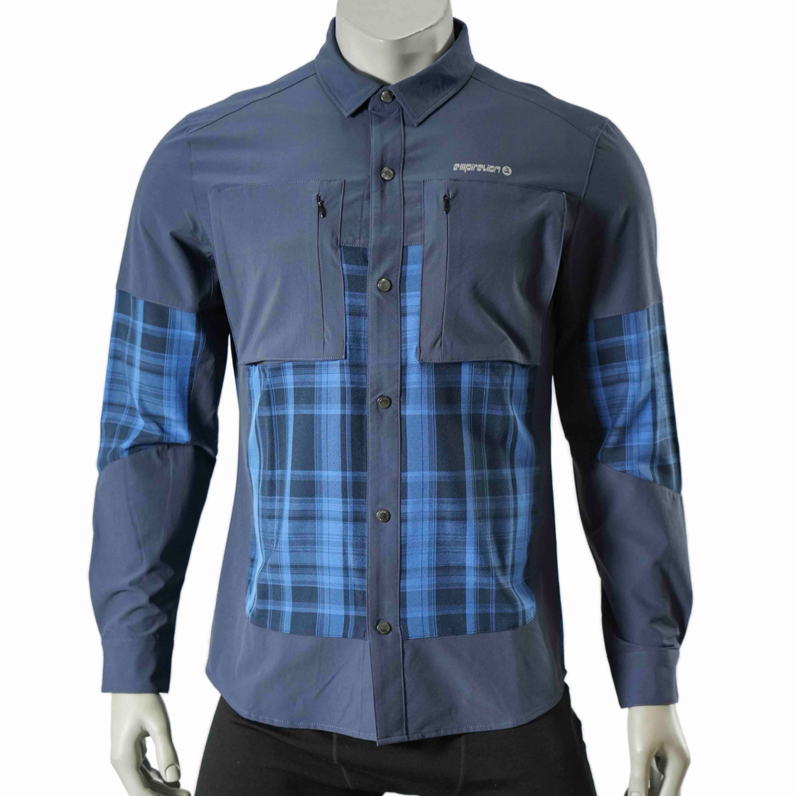 Mens Check Panel Zipper Patch Pockets Hiking Shirts