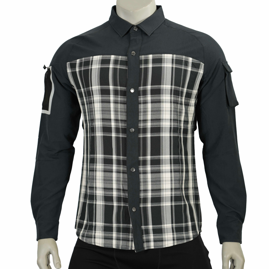 Mens Yarn Dyed Check Panel Reflective Sleeve Pocket Hiking Shirts